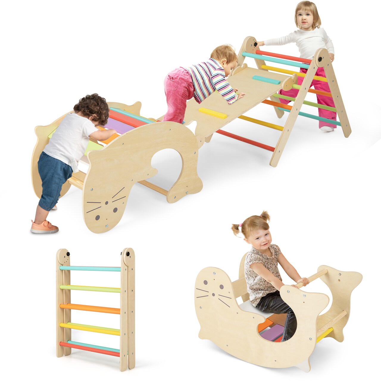 Natural Wood 7-in-1 Toddler Indoor Climbing Toy Reversible Ramp